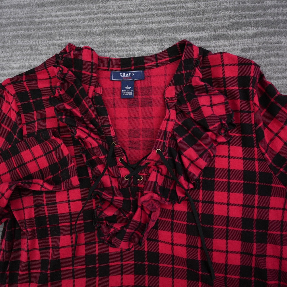 Chaps Denim Womens Red Black Plaid Lace Up Ruffle V-Neck Long Sleeve Top Large